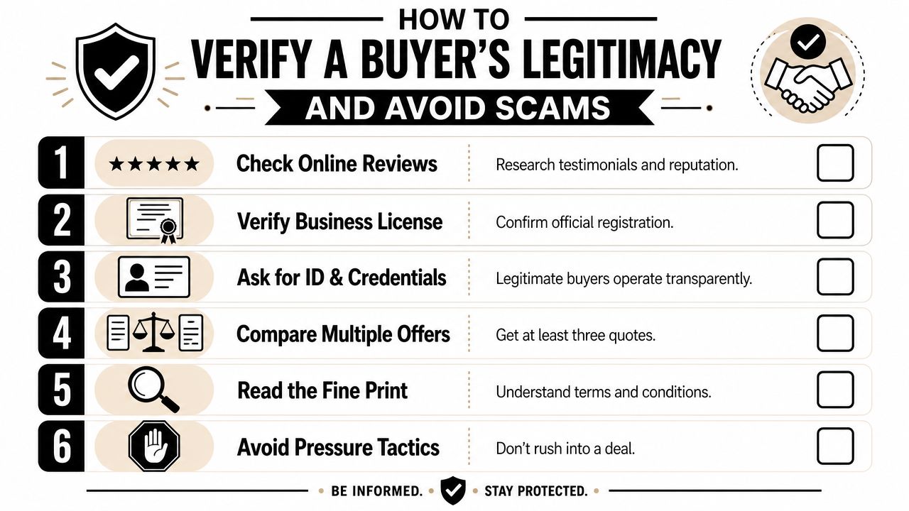 A checklist infographic titled How to Verify a Buyer's Legitimacy and Avoid Scams with six safety tips.