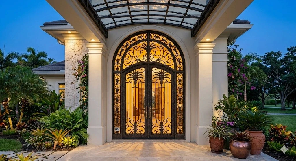 Luxury custom iron front entry door installation at a Fort Lauderdale residence — Planet Construction FL