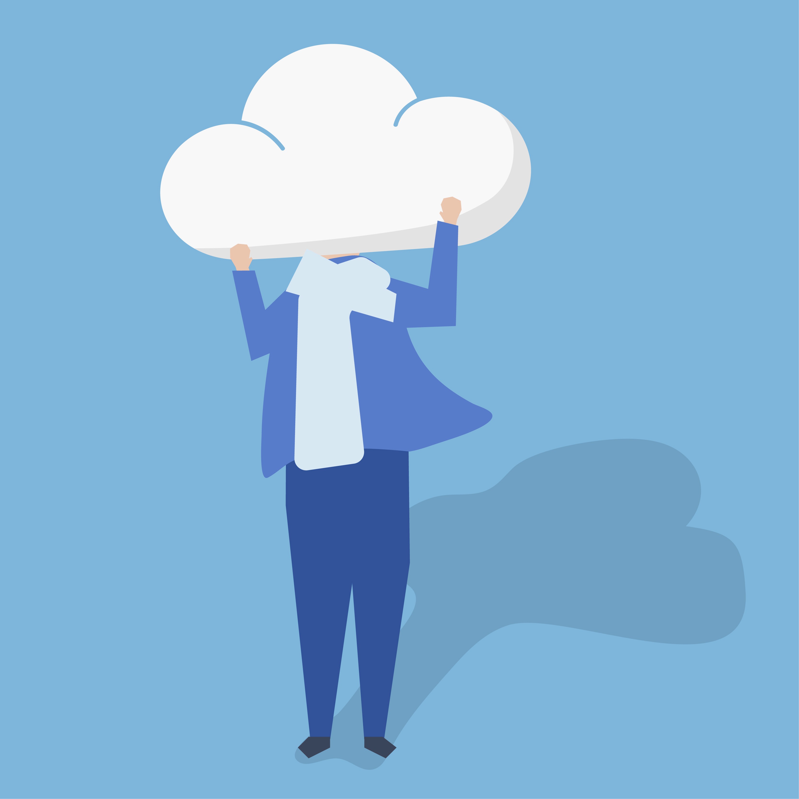 A minimalist illustration of a person in blue lifting a white cloud, representing Jenkins cloud computing and deployment capabilities.