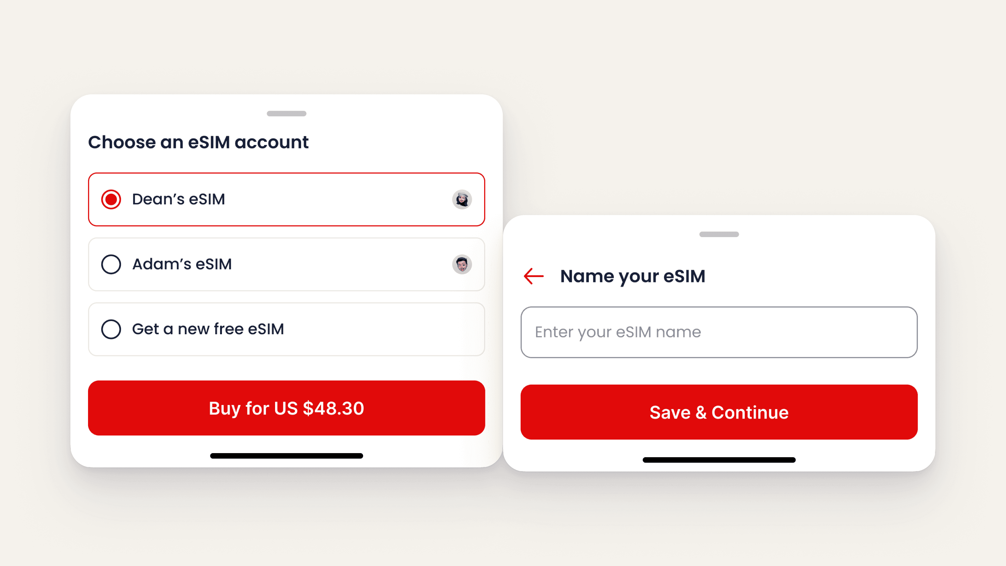 Two sheets from the buying flow: choose which eSIM gets the plan, then name it