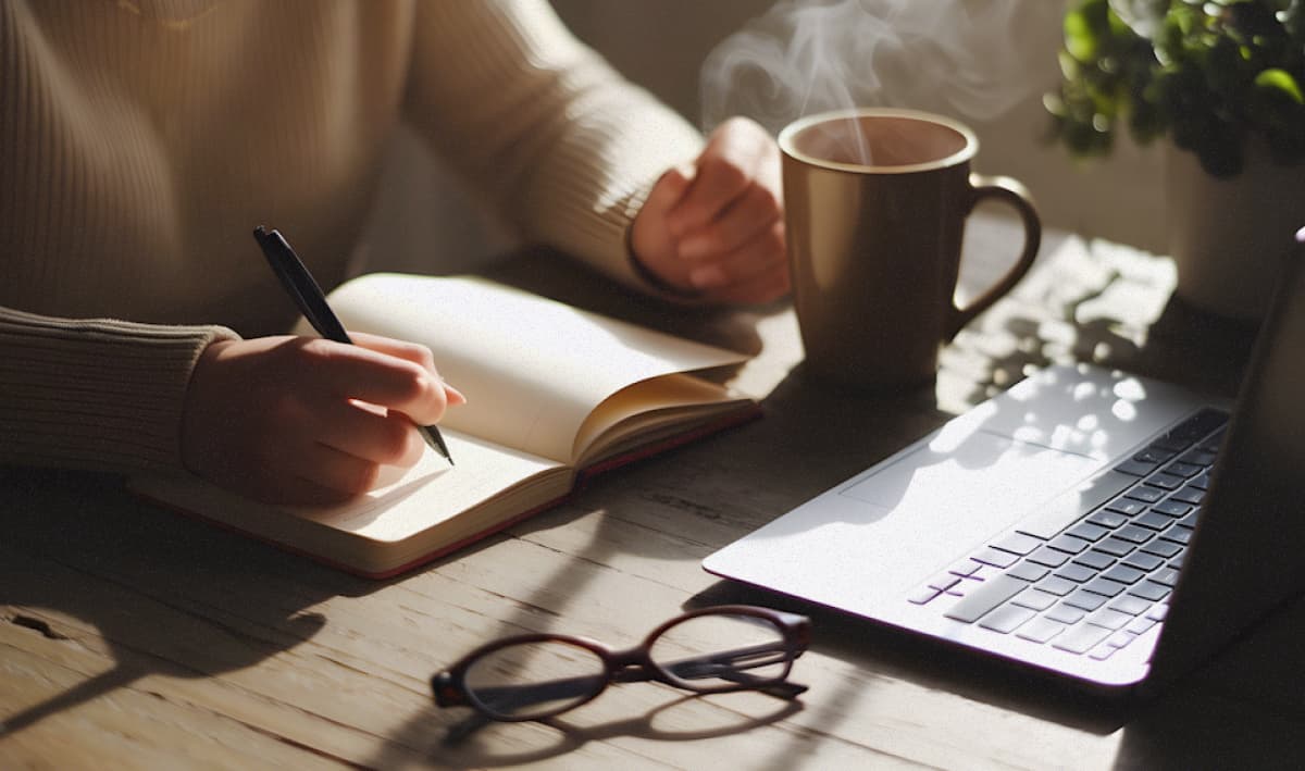 Person writing in their notebook at a table with a steaming mug, laptop and glasses