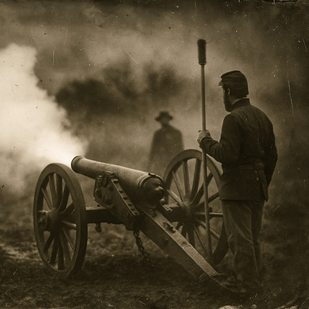 A vintage tintype photo showing a solider firing a cannon.