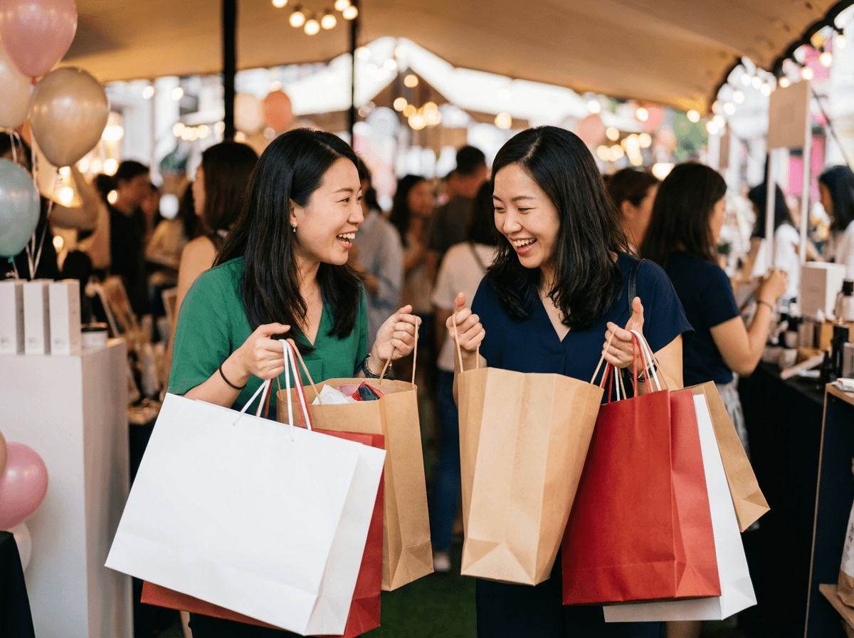 兩位顧客在 BW Event 360 統籌的零售引流活動中愉快購物，展現中小型精準獲客活動的熱烈氣氛。