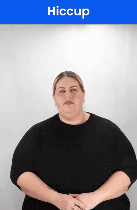 Animated GIF: a Deaf signer signs HICCUP in ASL, a bent hand at the base of the throat as the head jolts up.