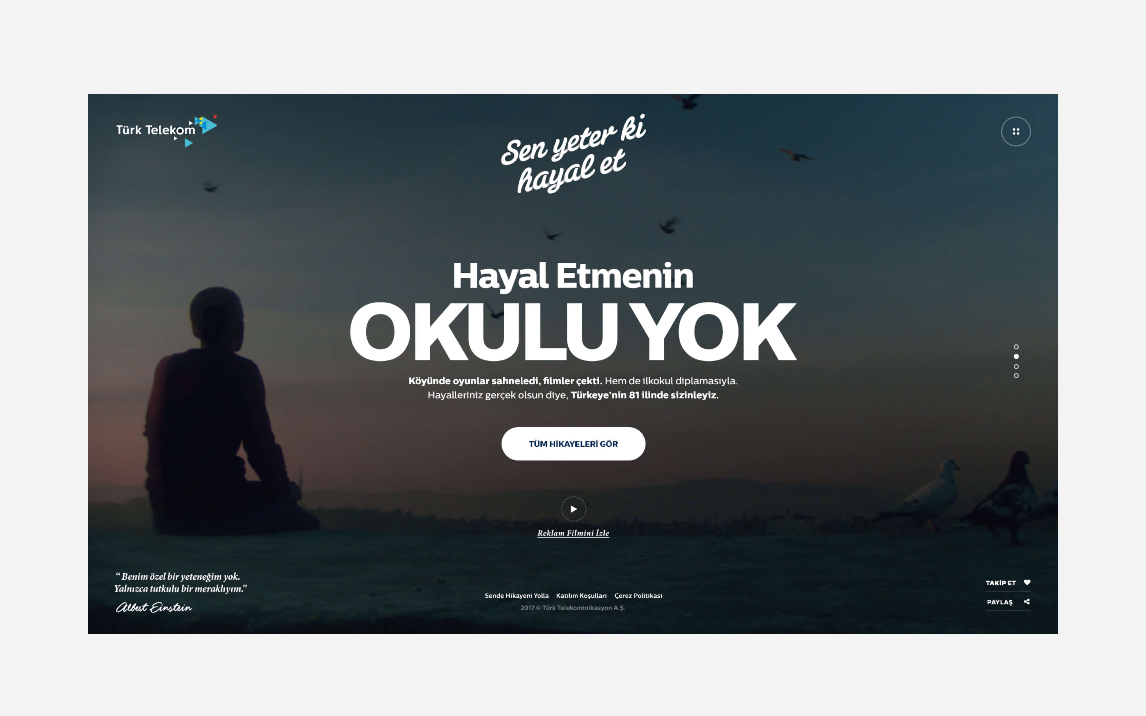 Silhouette of person watching sunset with flying seagulls and Türk Telekom’s inspirational campaign headline about dreaming without school limits.