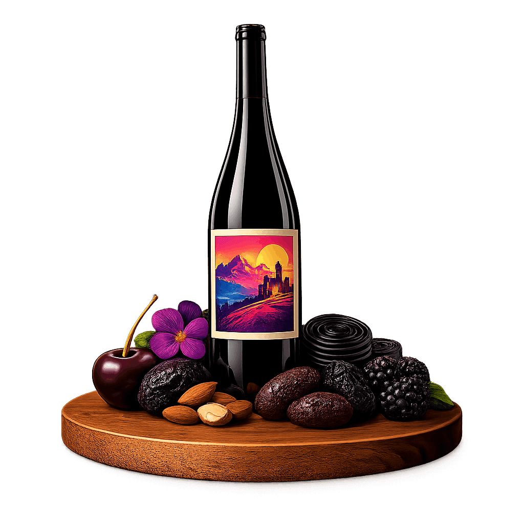 Artistic label and flavor profile for Northern Italy Dolcetto on a rustic wooden table.