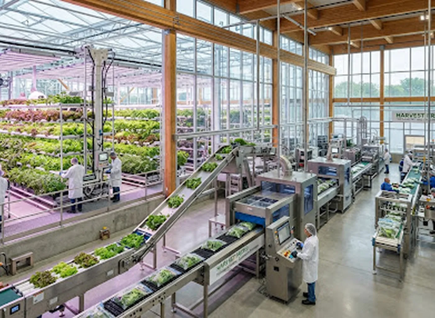 Workers operating an automated indoor vertical farming facility