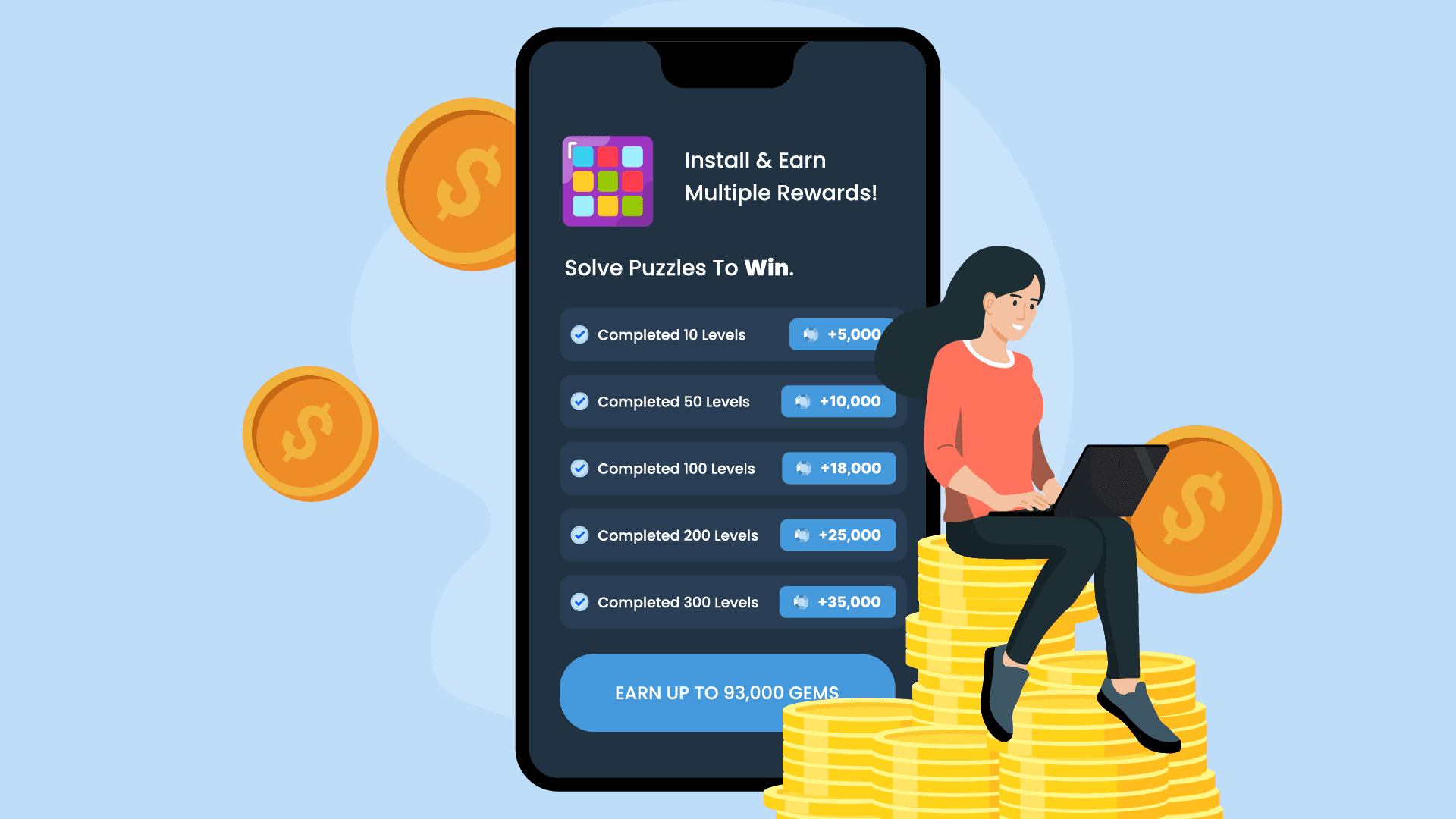 Illustration of a woman sitting on stacks of gold coins next to a smartphone displaying a "Multiple Rewards" puzzle game interface.