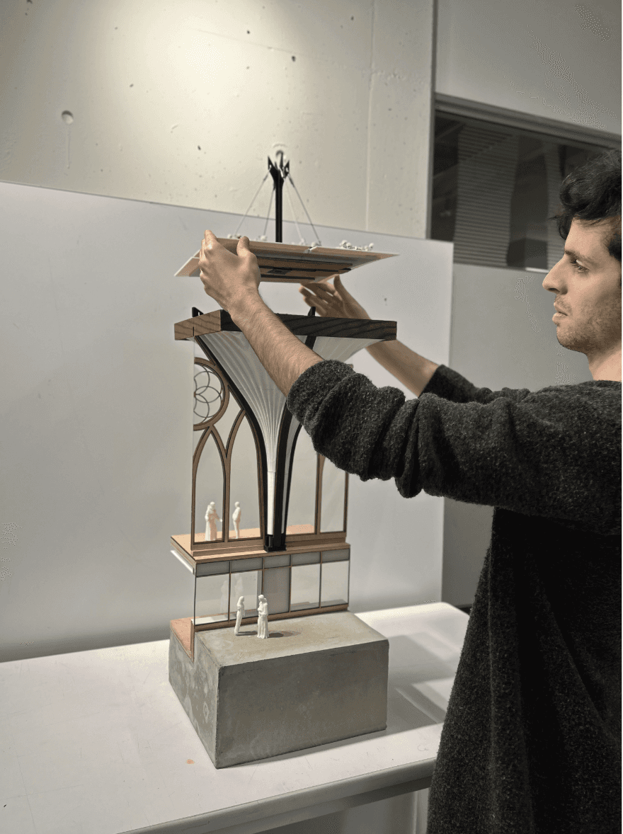 A 1:25 prototype of module m1 is cast from a concrete base, plywood floors and walls, and a roasted ash primary structure.