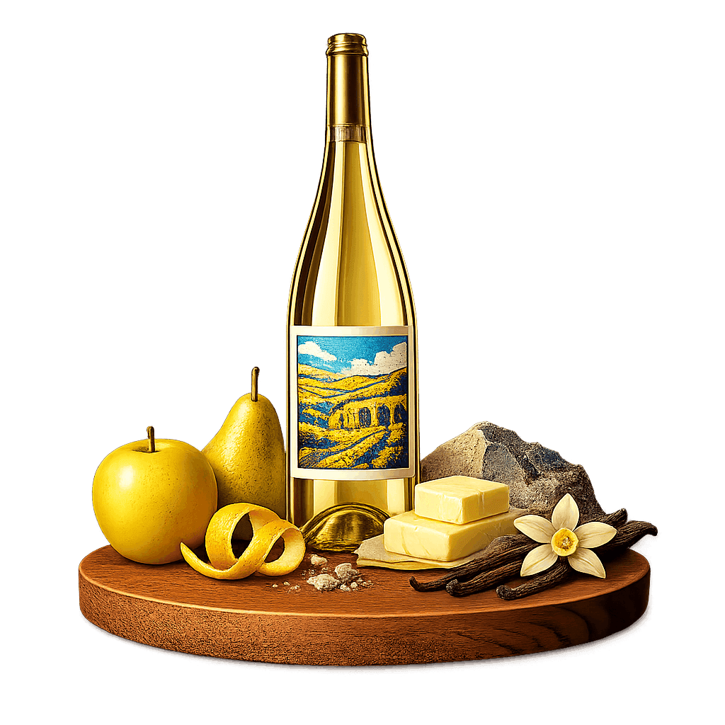 Artistic label and flavor profile for Judean Hills Chardonnay on a rustic wooden table.