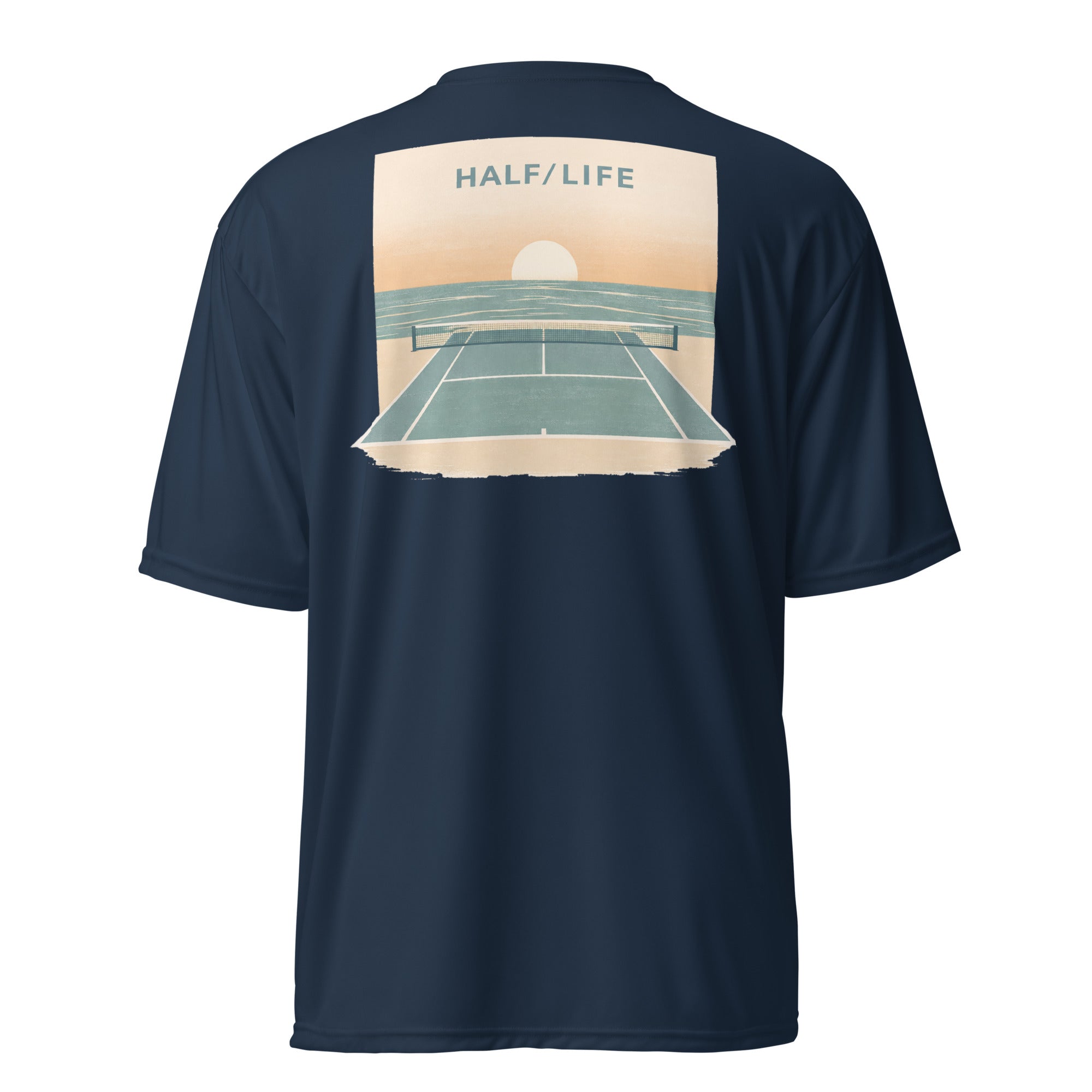 Navy performance t-shirt with 'What Drives You?' design back view