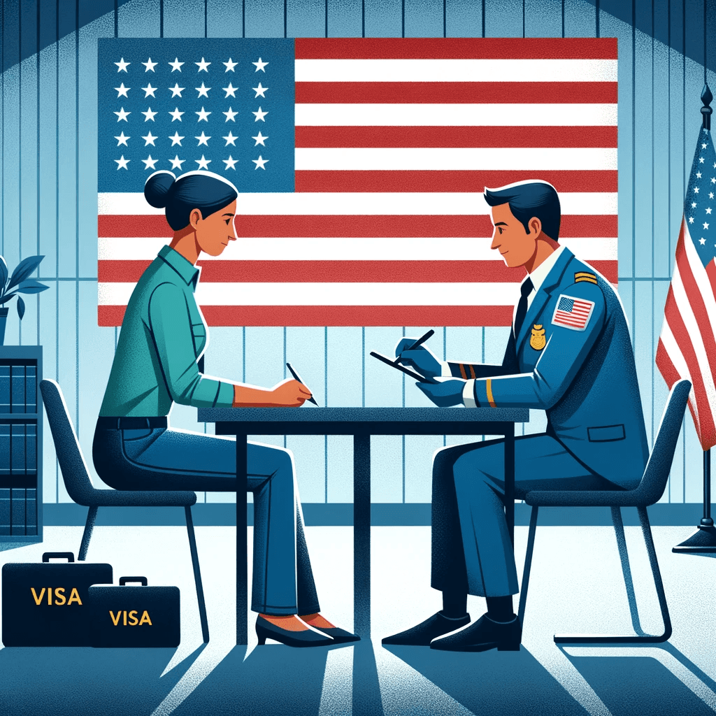 An applicant undergoing a visa interview with an immigration officer at a U.S. Embassy, symbolizing the critical step in the visa application process.