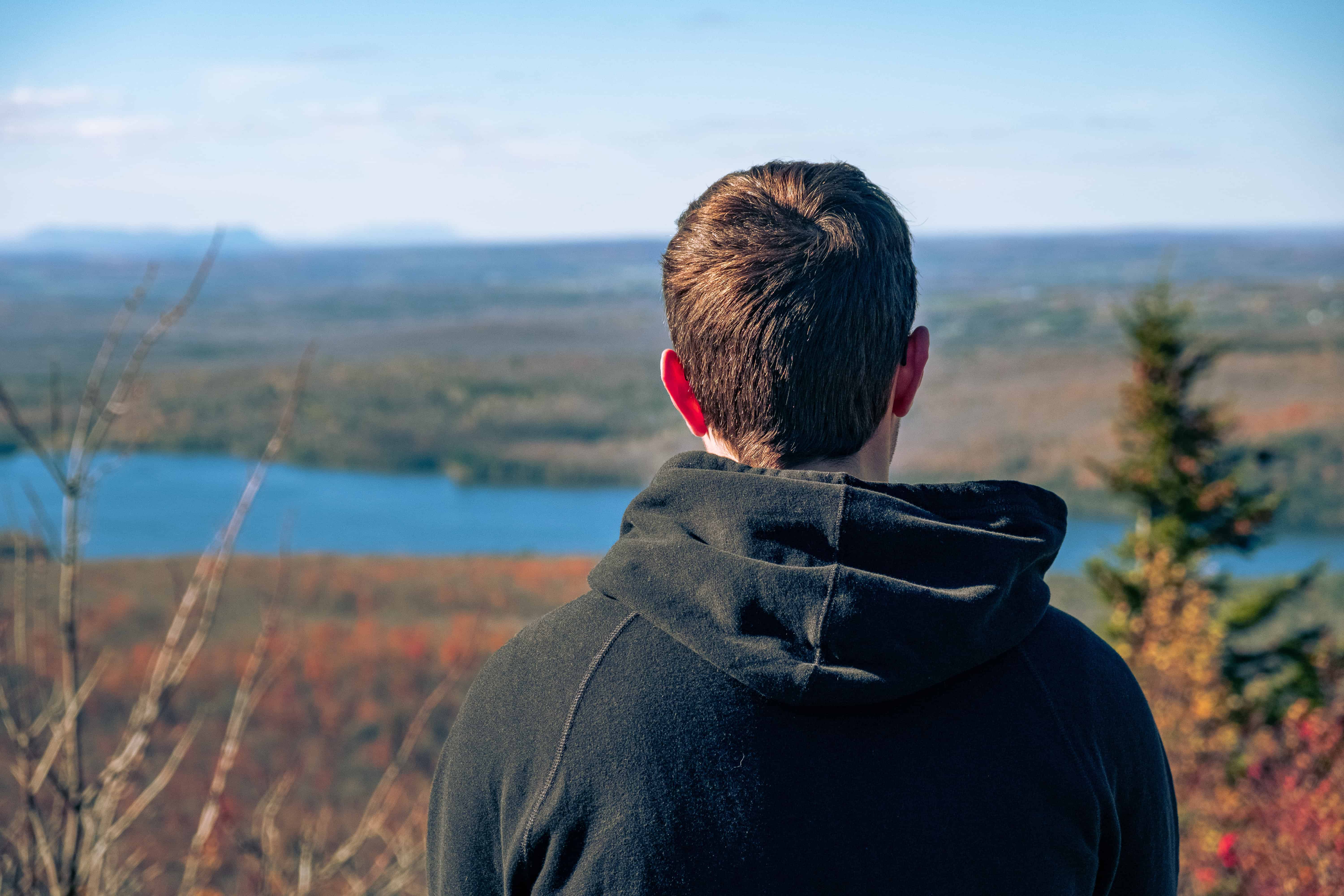Un homme de dos regardant un paysage montagneux avec un lac au loin.