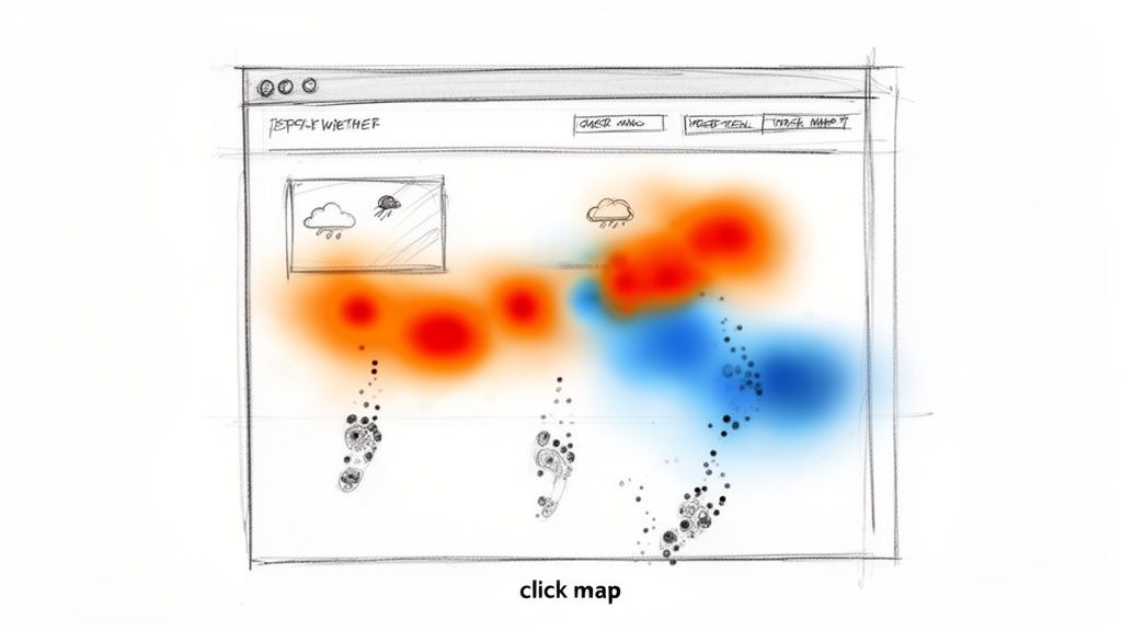A hand-drawn sketch of a web page showing a click map with red and blue heat zones, indicating user interaction with weather content.