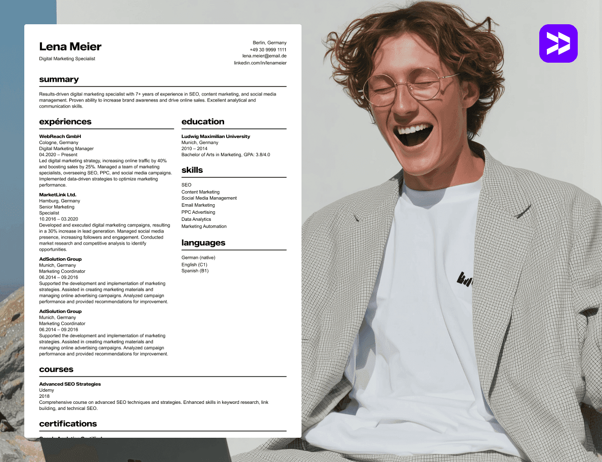 Digital marketing professional holding a CV and smiling, representing a successful Digital Marketing CV example