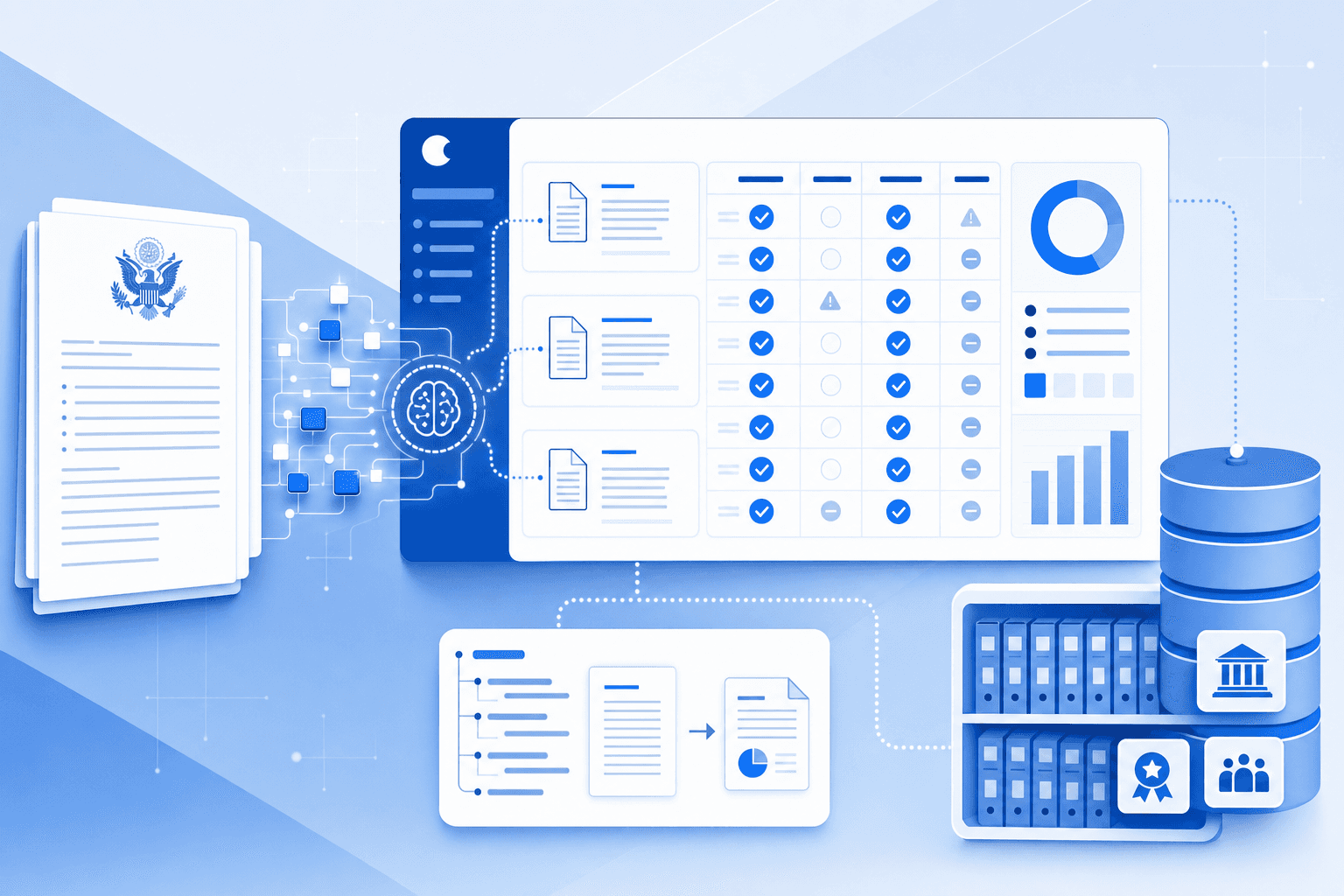 A clean, modern illustration showing an AI-powered proposal development workflow for government contracting. Show a digital interface with document analysis, compliance matrix generation, and a connected knowledge library. Use a professional blue and white color scheme with geometric shapes representing document parsing, data extraction, and automated proposal structuring. Include visual elements suggesting federal solicitation documents, structured compliance tracking, and institutional knowledge storage. Modern, technical, minimalist style with clean lines and subtle gradients.