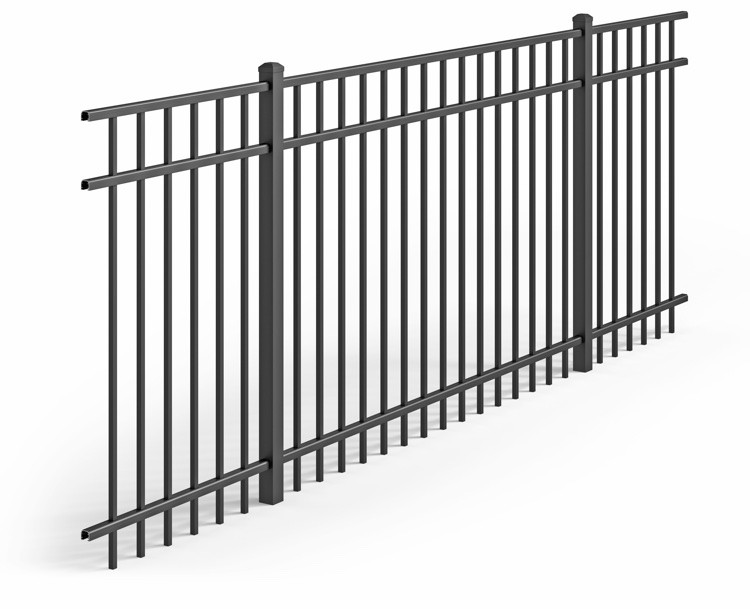 Close up of powder-coated black aluminum fence pickets and rails