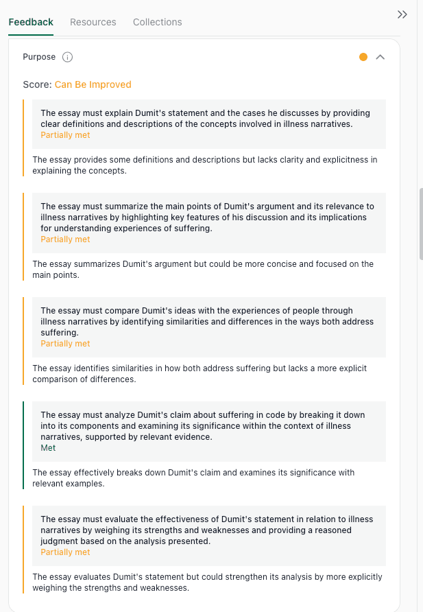 thesify Purpose feedback panel showing partially met criteria for summarizing key points, comparing ideas, and evaluating an argument in a literature discussion