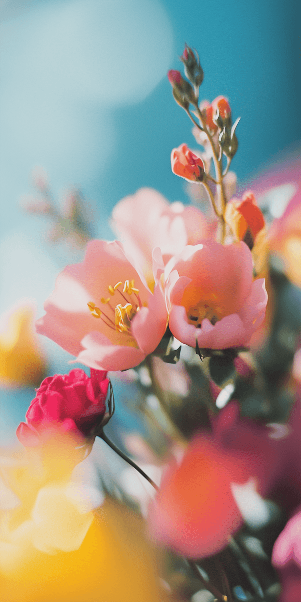 Soft pink flowers bouquet in dreamy pastel sky