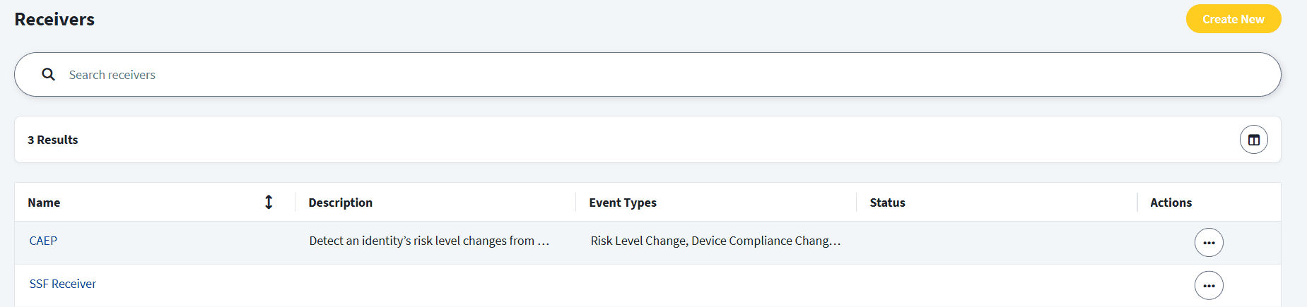 SailPoint ISC dashboard showing a list of configured SSF Receivers, including CAEP for detecting identity risk level and device compliance changes.