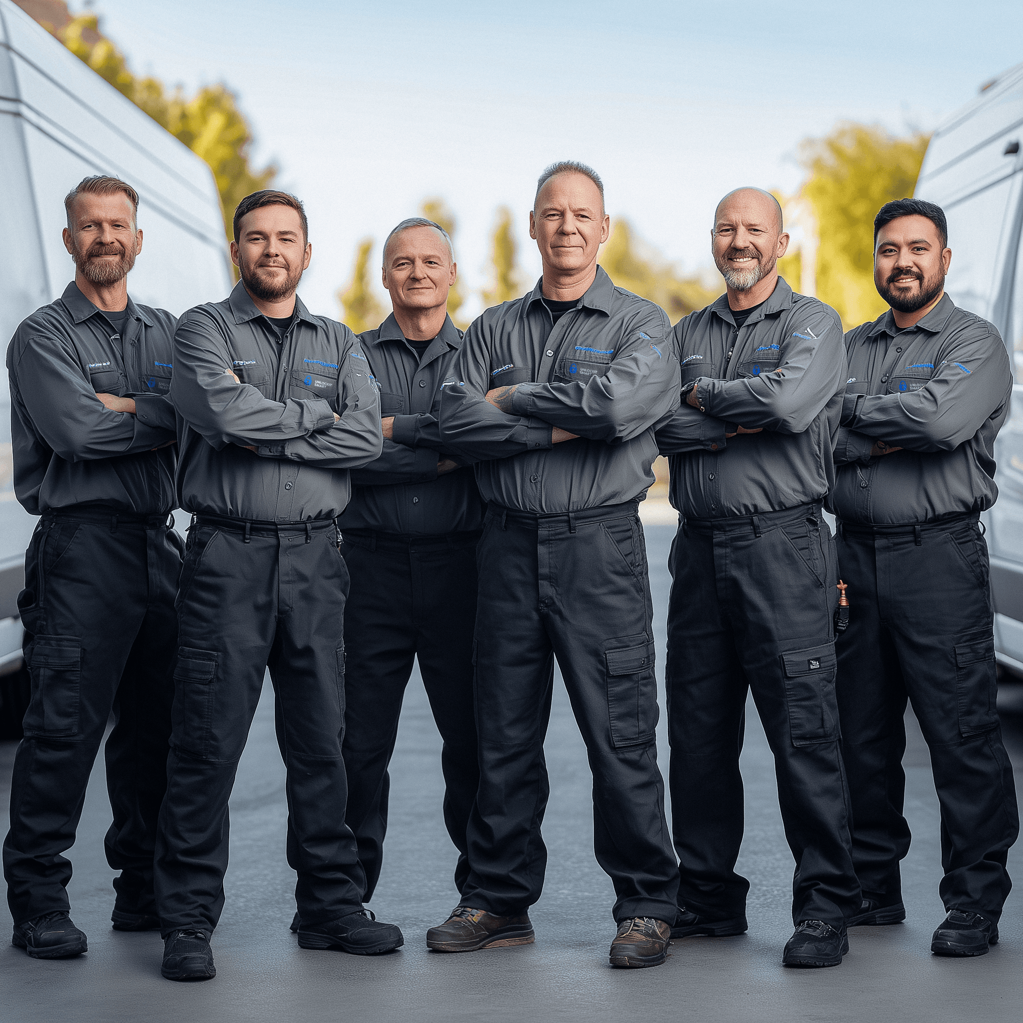 A group of six Locksmith Technicians in Minneapolis in matching gray uniforms stand confidently with their arms crossed; they are positioned outdoors between two service vans, suggesting a professional locksmith service team ready for work. 
