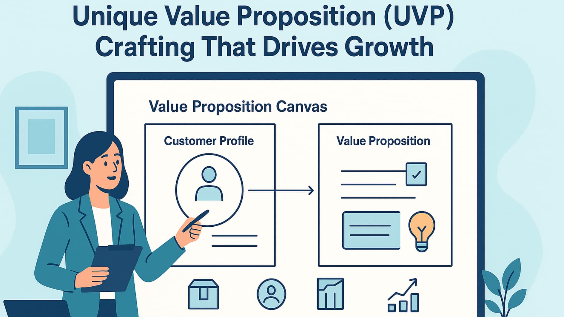 Clean illustration of marketers developing Unique Value Proposition (UVP) Crafting strategy on a digital whiteboard.