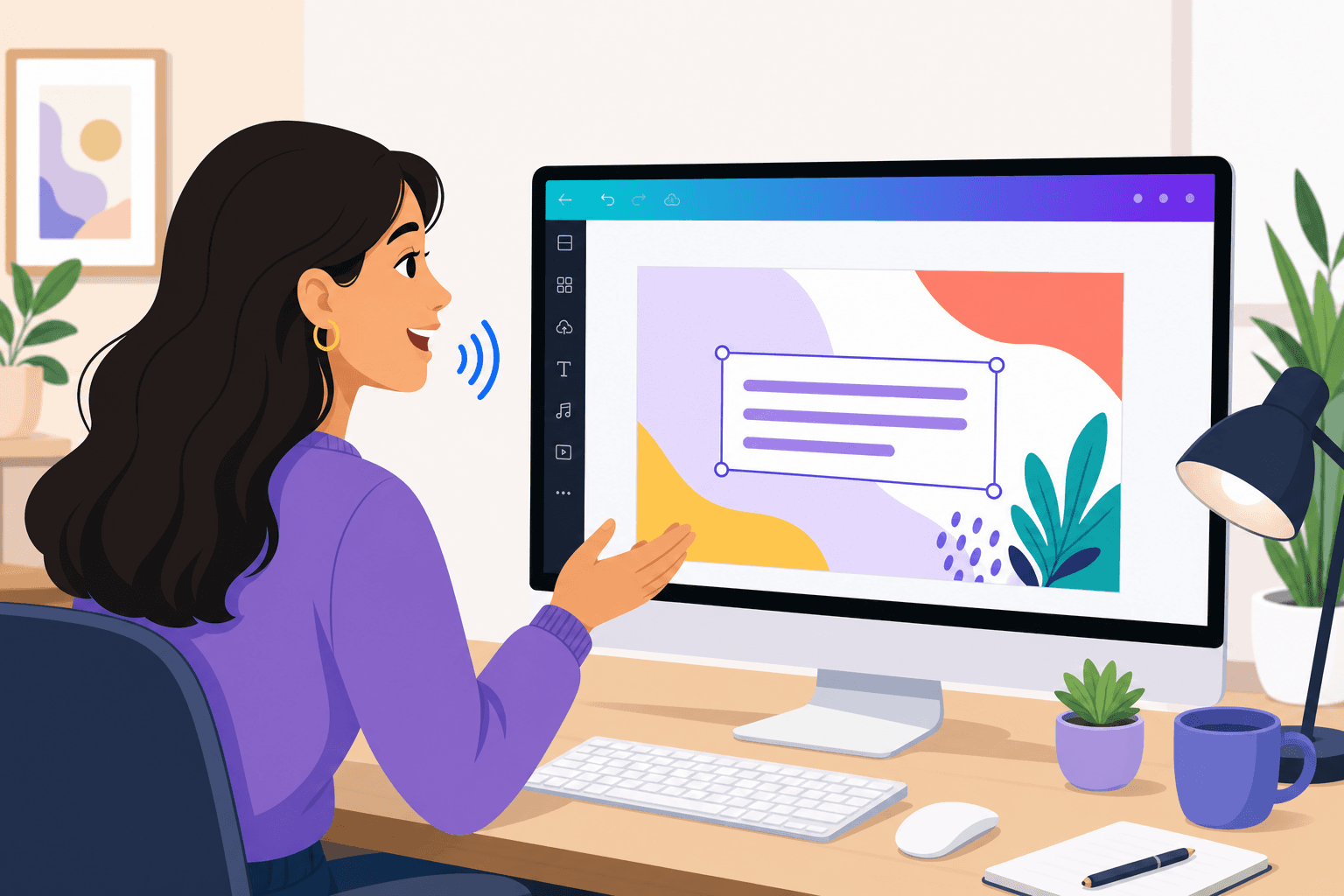 An illustration of a person speaking at a computer with a Canva design on the screen, showing words appearing in a text box, modern vector style, bright colors.
