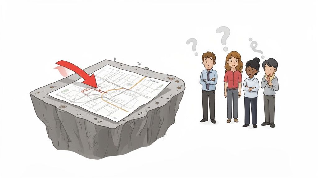 Four confused individuals observe a map with a red arrow showing direction on a rocky surface.