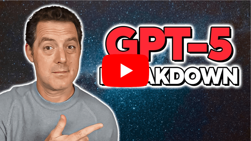 YouTube-Video-Thumbnail GPT-5 Breakdown mit einem Moderator, der auf den Titel zeigt