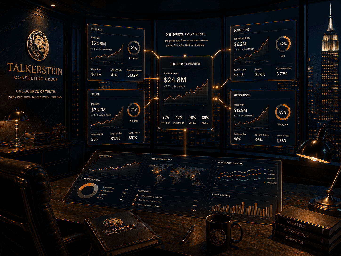 A visual data map by Talkerstein Consulting Group showcasing four specialized reporting blocks—Finance, Sales, Marketing, and Operations—funneling live data via glowing orange connection lines into a centralized 'Executive Overview' dashboard module, set against a dark city skyline backdrop.