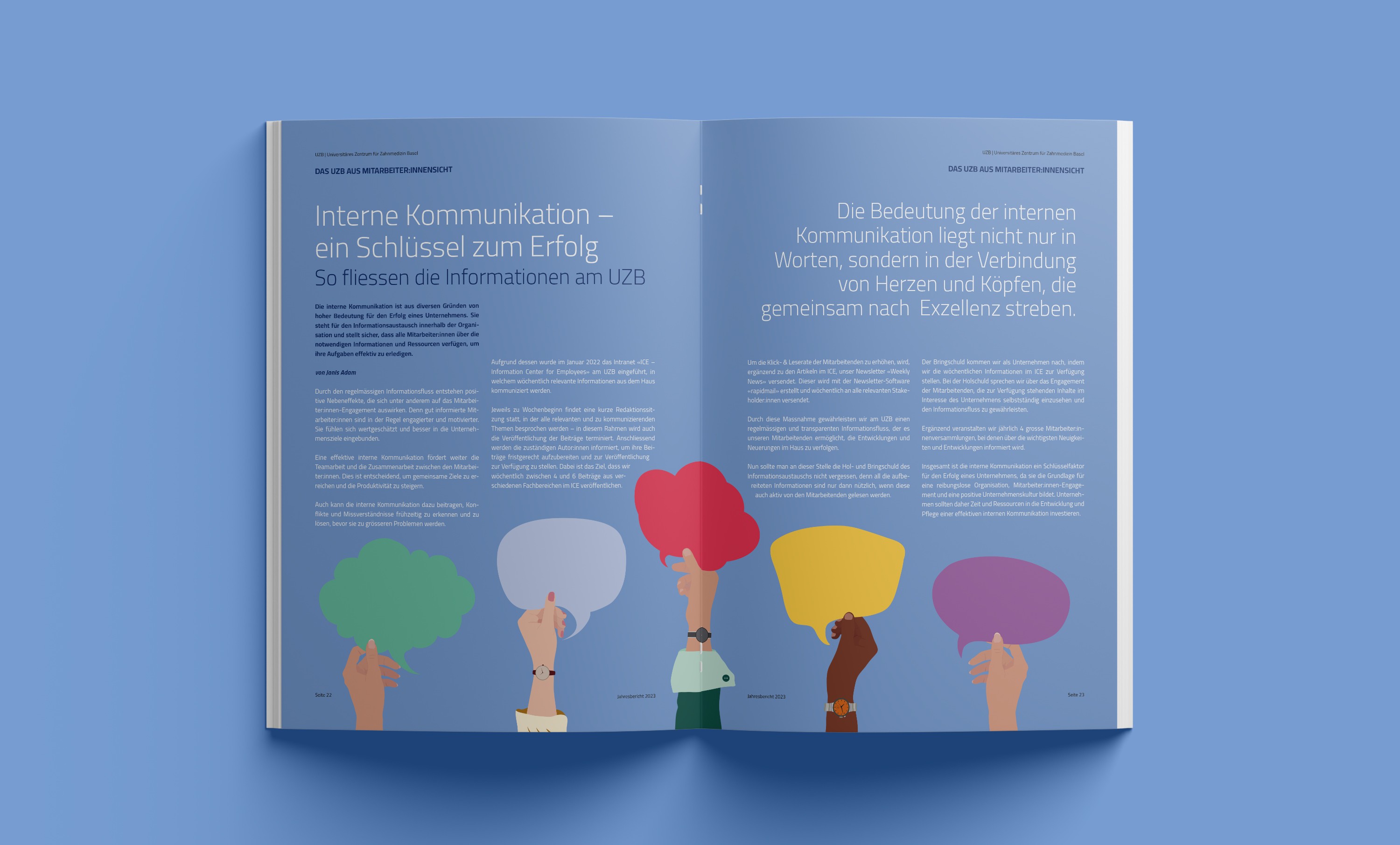 Layoutgestaltung des UZB Jahresberichts 2023 – präzise Rasterstruktur und klare Hierarchie im Editorial Design