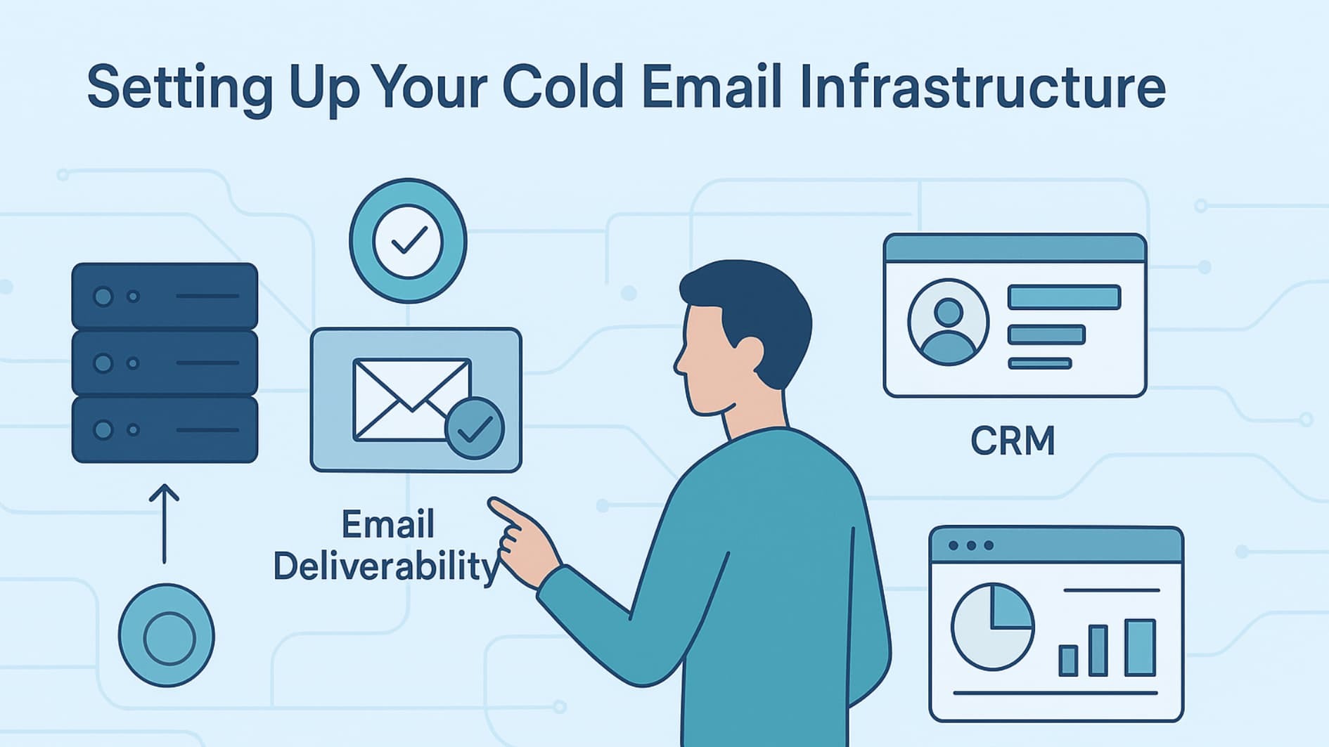 Illustration of setting up cold email infrastructure with CRM and deliverability tools for a high-converting system.