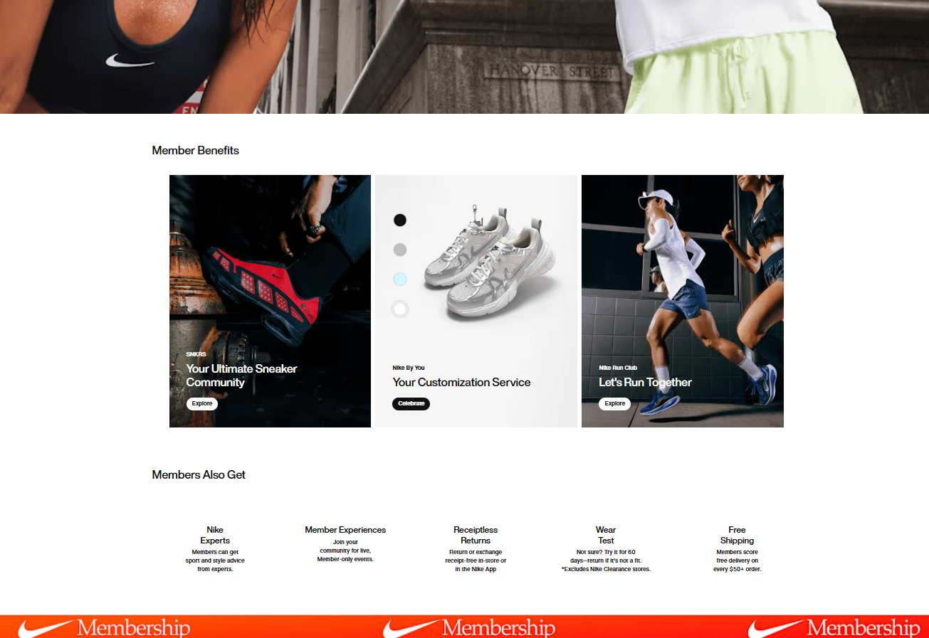 Nike.com Membership landing page: hero image with athletes in Nike apparel, "Member Benefits" section featuring three flagship experiences (Sneakers community, Nike By You customization service, Nike Run Club), "Members Also Get" perks list (Nike Experts, Member Experiences, Receptless Returns, Wear Test, Free Shipping), and repeating "Membership" branded banner footer — illustrating Nike's full-page approach to promoting its loyalty ecosystem
