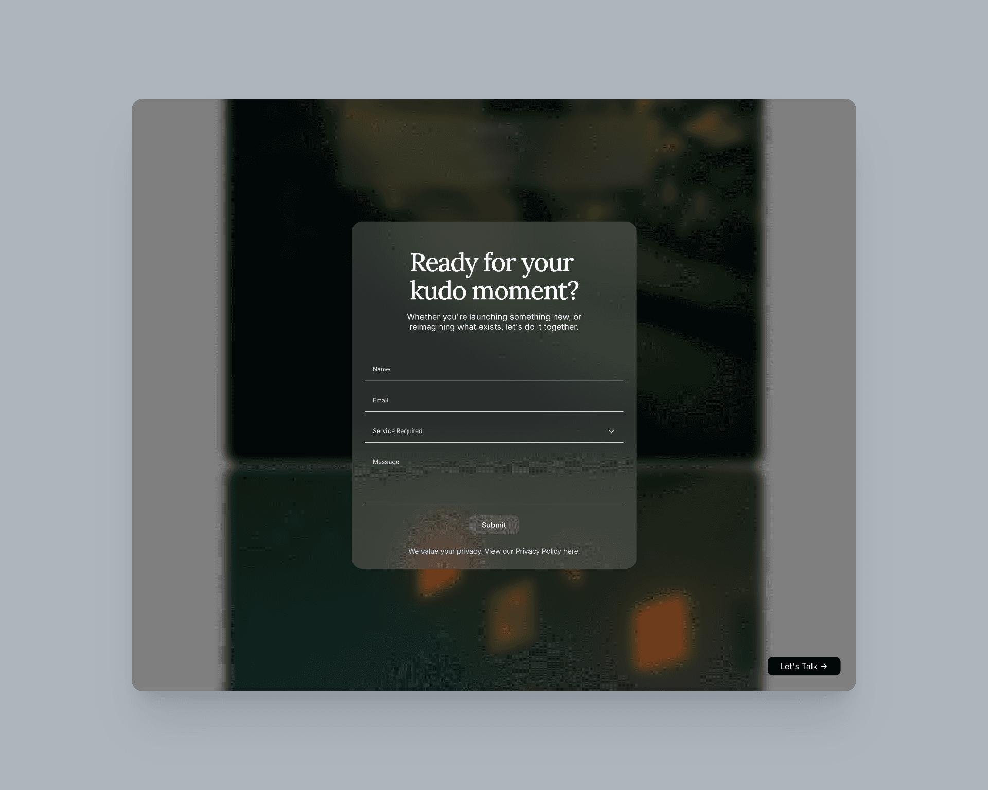 Web page mockup of The Kudo Studio minimalist website design, showcasing clean typography and a no-code web design layout. Demonstating the contact form.