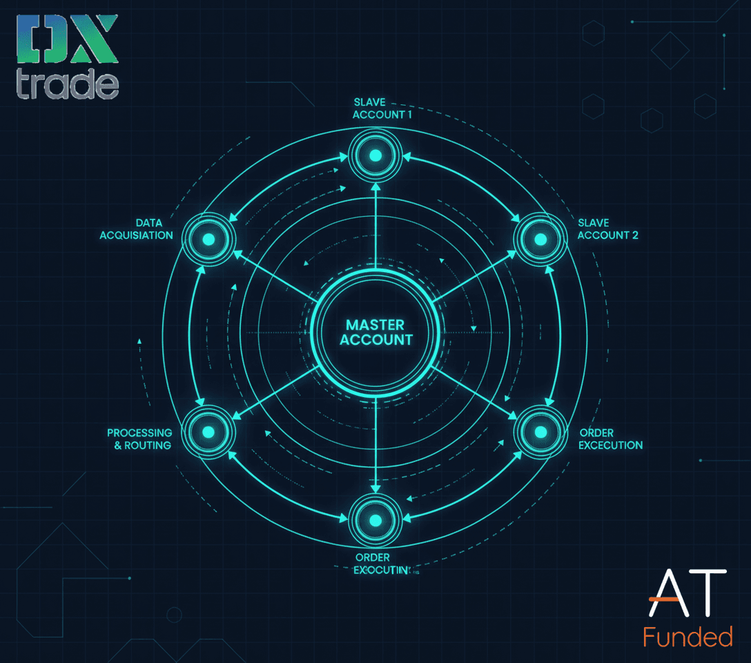 High-tech schematic showing data flow and latency reduction in a cloud-based trade copier network.