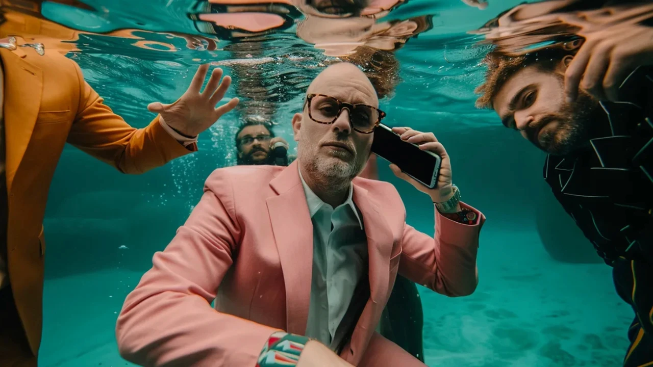 Scène prise sous l’eau montrant un homme chauve portant un costume rose et des lunettes, assis immergé tout en tenant un smartphone contre son oreille comme s’il poursuivait une conversation professionnelle. Deux autres hommes en tenue formelle l’entourent, partiellement visibles, également sous l’eau. La surface de l’eau crée des reflets au-dessus d’eux. Cette image symbolise la mobilité professionnelle à l’ère numérique, où un tiers des salariés français se disent prêts à devenir nomades, illustrant le travail sans frontière physique et l’hyperconnexion permanente.