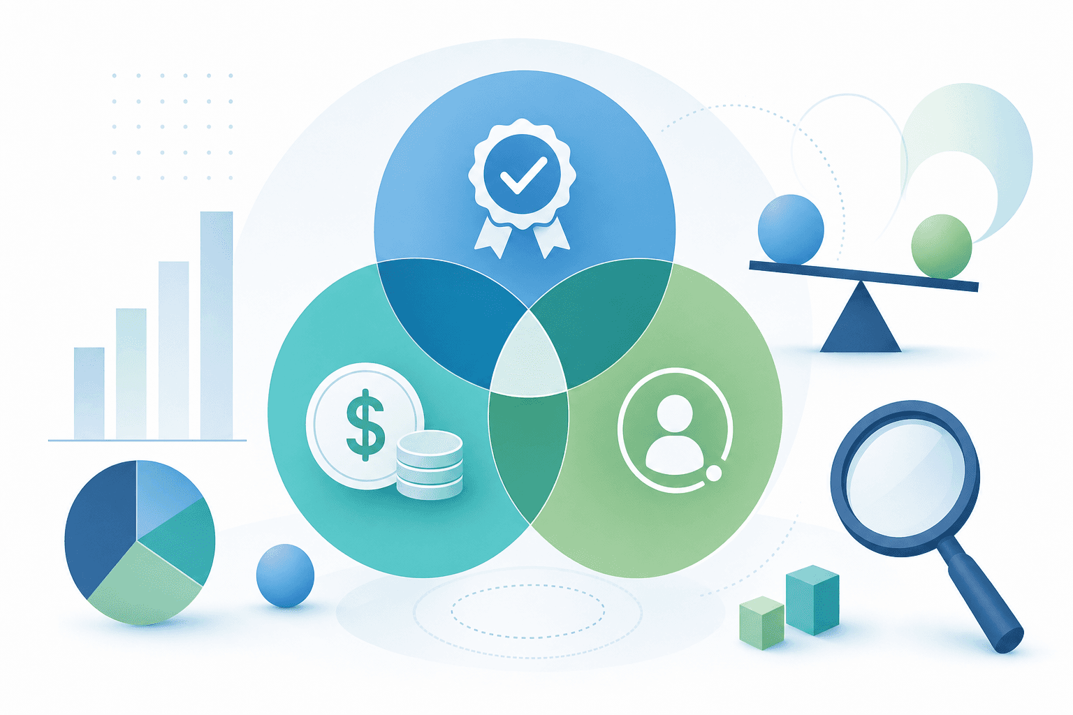 A clean, modern illustration showing evaluation and comparison concept with overlapping circles or layers representing different assessment criteria like quality, cost, and personalization balance. Use a professional color palette with blues and greens. Minimal geometric style with abstract shapes suggesting analysis and measurement, no people or screens.