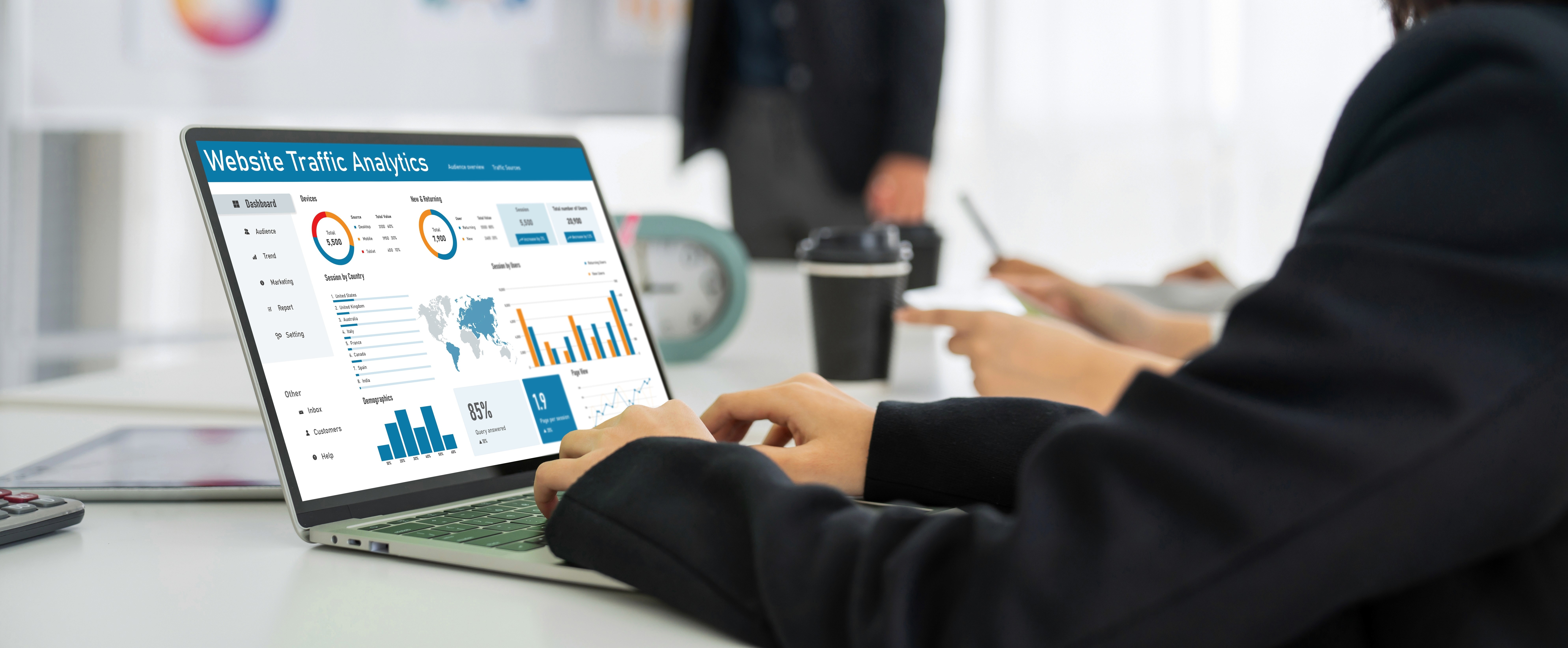 Image of a business owner reviewing website analytics and SEO performance.