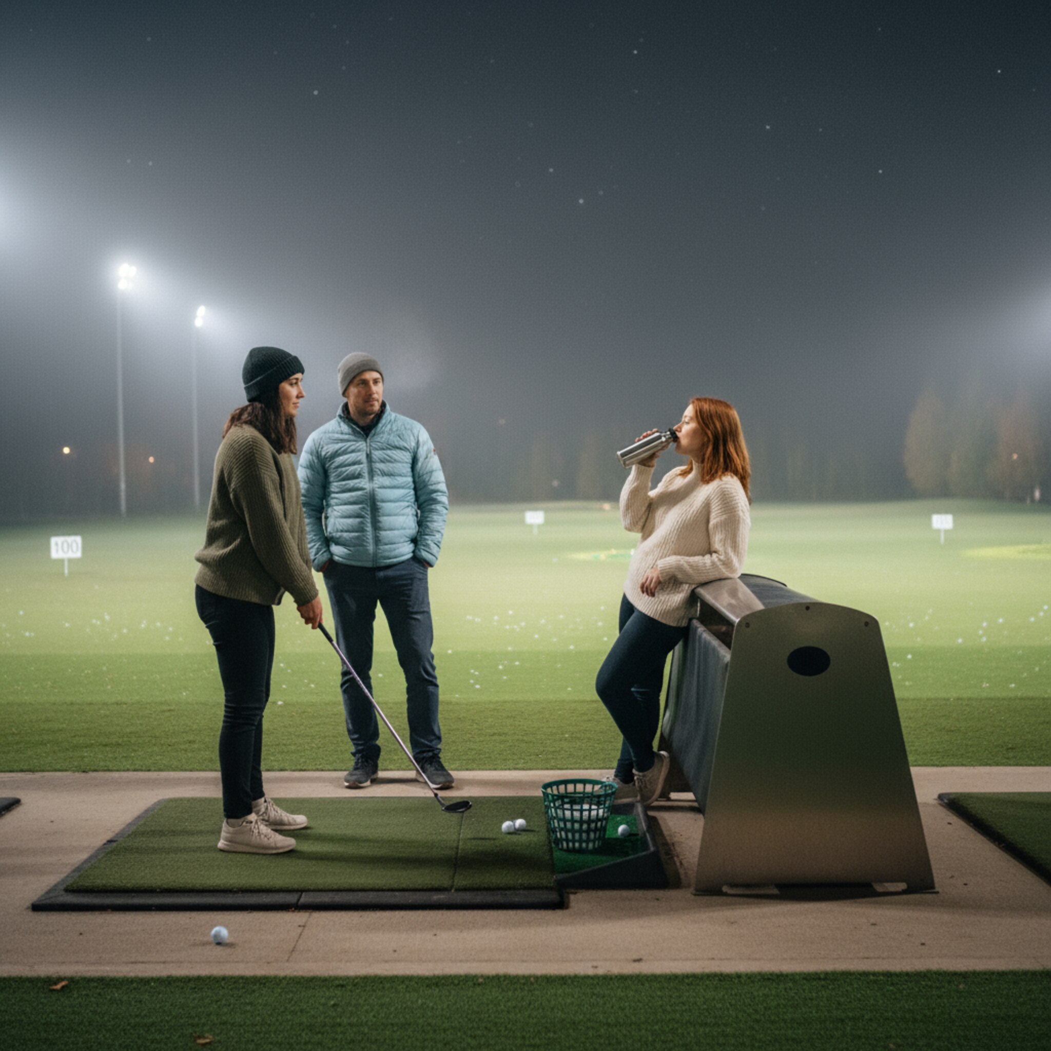 Später Abend unter Flutlicht: Eine kleine Gruppe lacht, während die Schläge nacheinander von den Matten starten. Atemwolken stehen in der kühlen Luft, ein Körbchen mit Bällen wartet neben dem Tee. Weiße Distanztafeln leuchten in der Ferne. Eine freie Bay wirkt einladend ruhig.