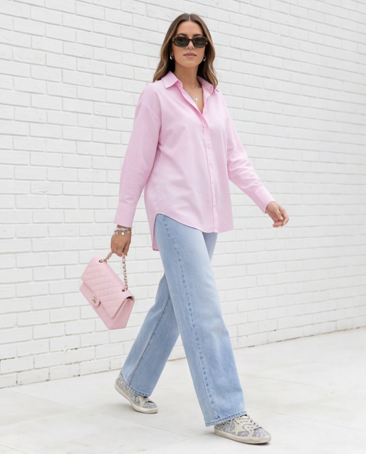 Pink Linen Shirt with Light Blue Wide Leg Jeans