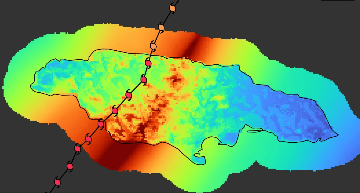 Metryc wind field map showing asymmetric wind speed distribution across a Caribbean island during a Category 4 hurricane landfall