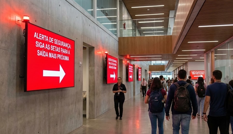 Corredor moderno onde ecrãs digitais vermelhos brilhantes exibem um "ALERTA DE SEGURANÇA", com texto e setas brancas a guiar as pessoas para a "SAÍDA MAIS PRÓXIMA". Estudantes caminham na direção indicada.