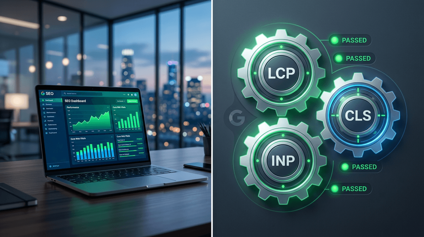 Infográfico das métricas Core Web Vitals SEO: LCP, CLS e INP representadas como engrenagens de performance