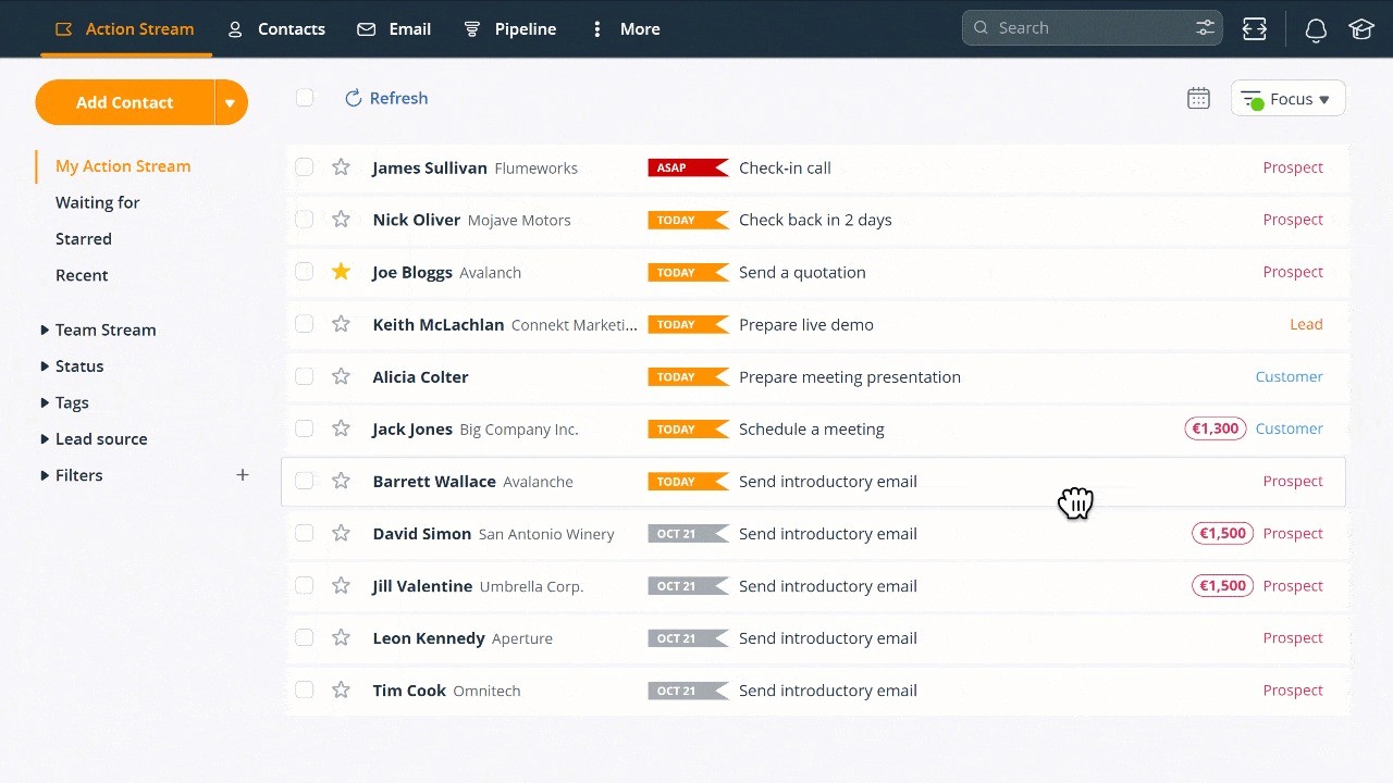 Key Features of OnePageCRM: Action Stream