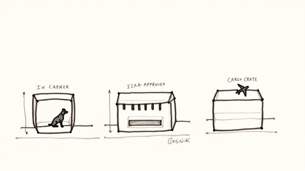 Illustrations comparing three dog travel crates: a basic carrier, an IATA-approved model, and an airline cargo crate.