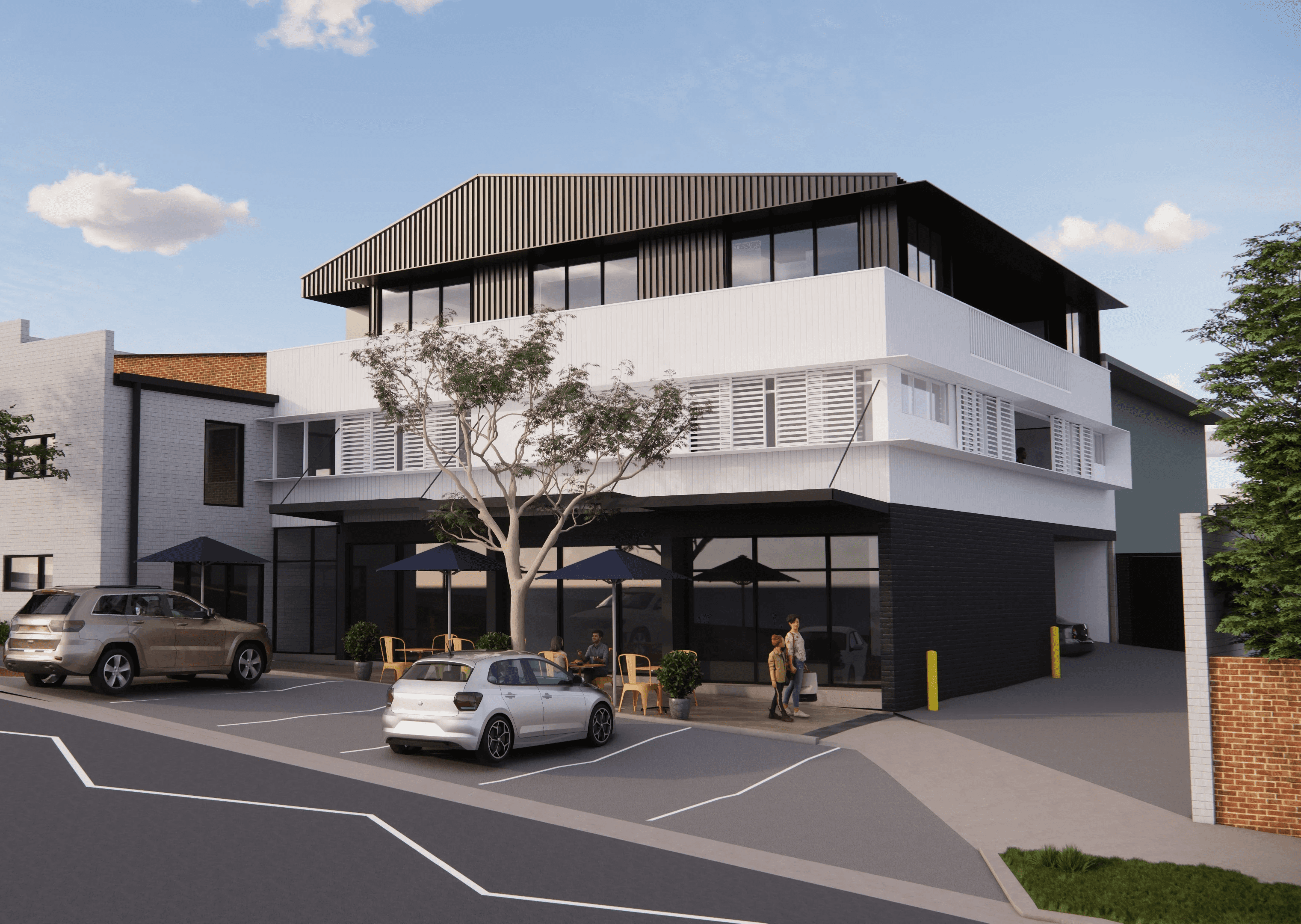 Corner view render of a boutique mixed-use project in Seaforth, NSW, featuring commercial tenancies and luxury residential.