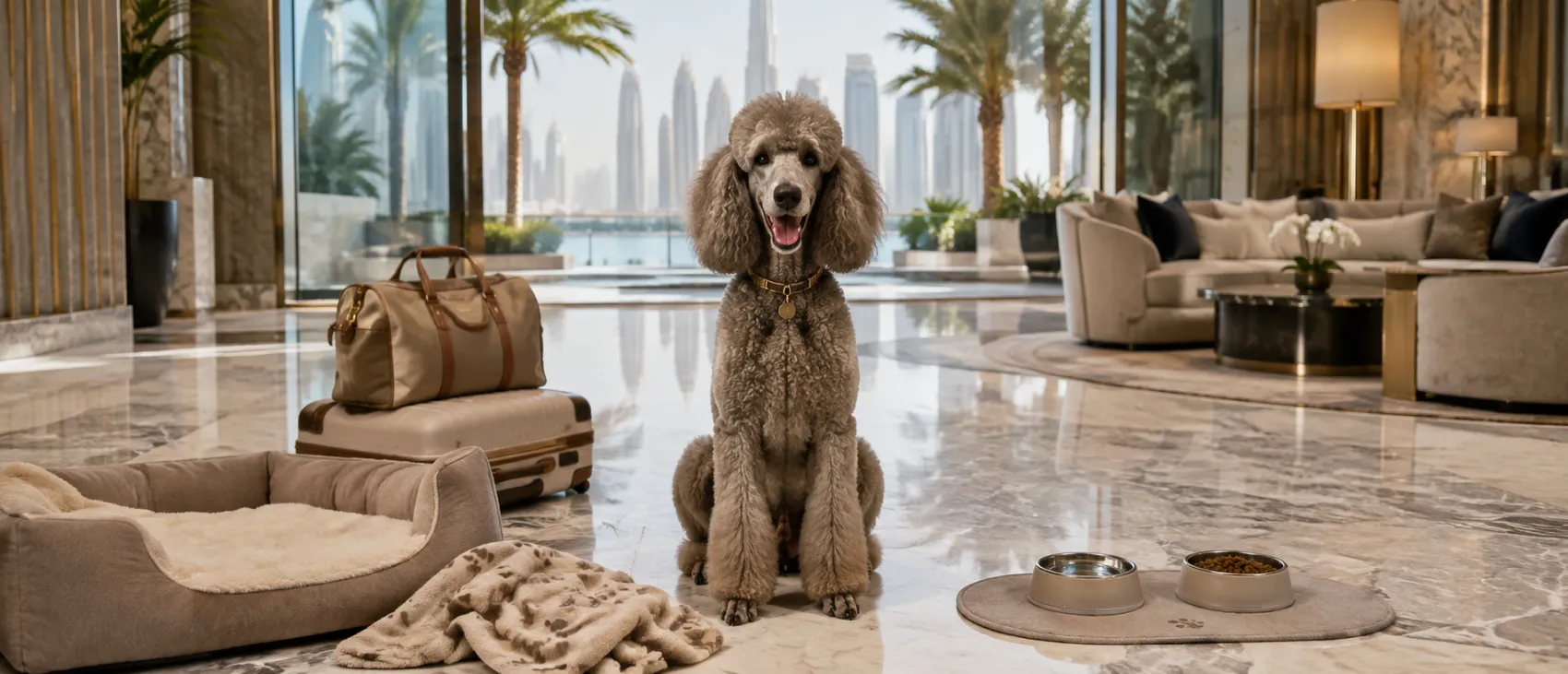 A poodle sitting in a hotel lobby beside luggage, with the Dubai skyline visible through the windows.