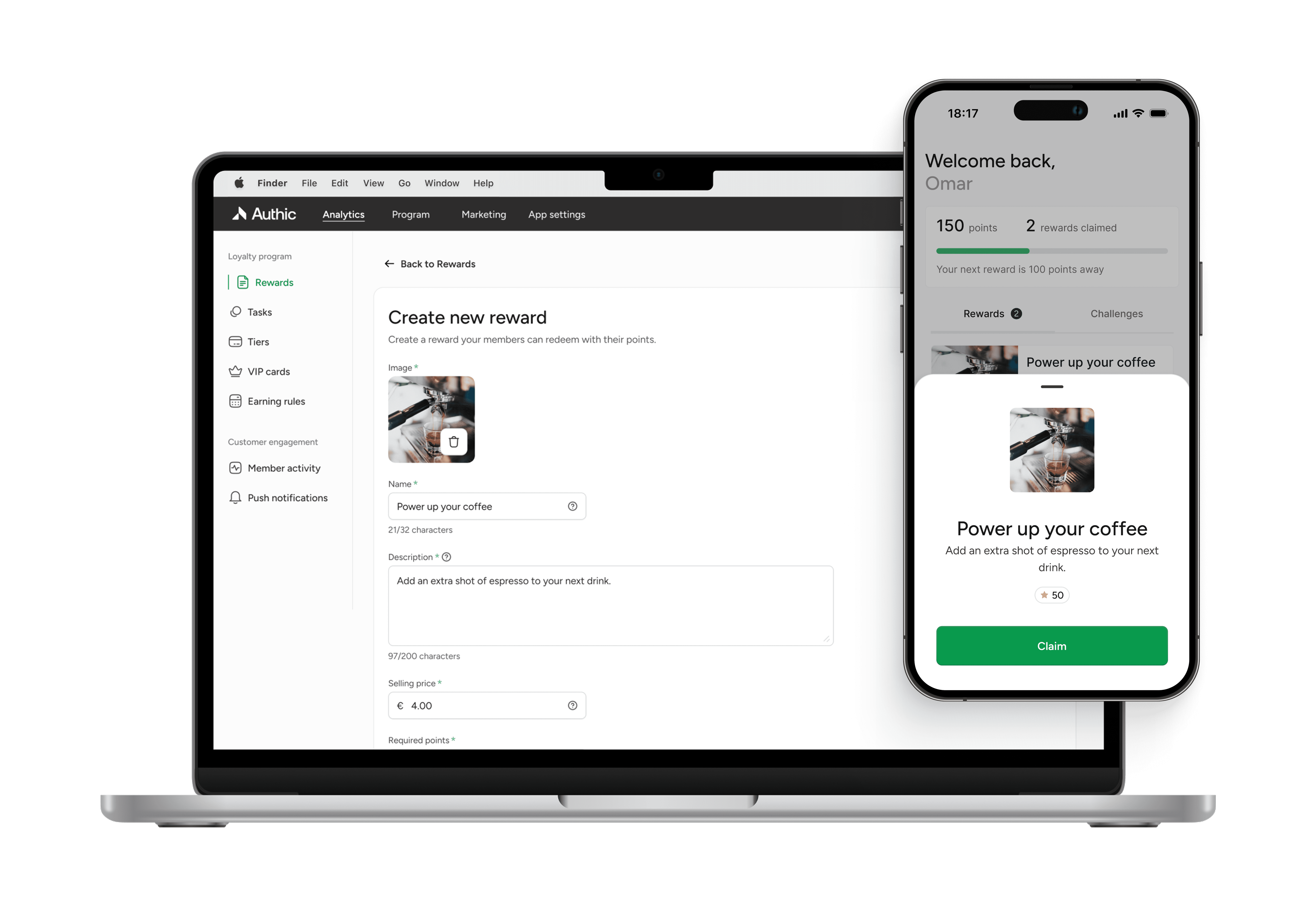 Dashboard reward creation and mobile app preview of reward