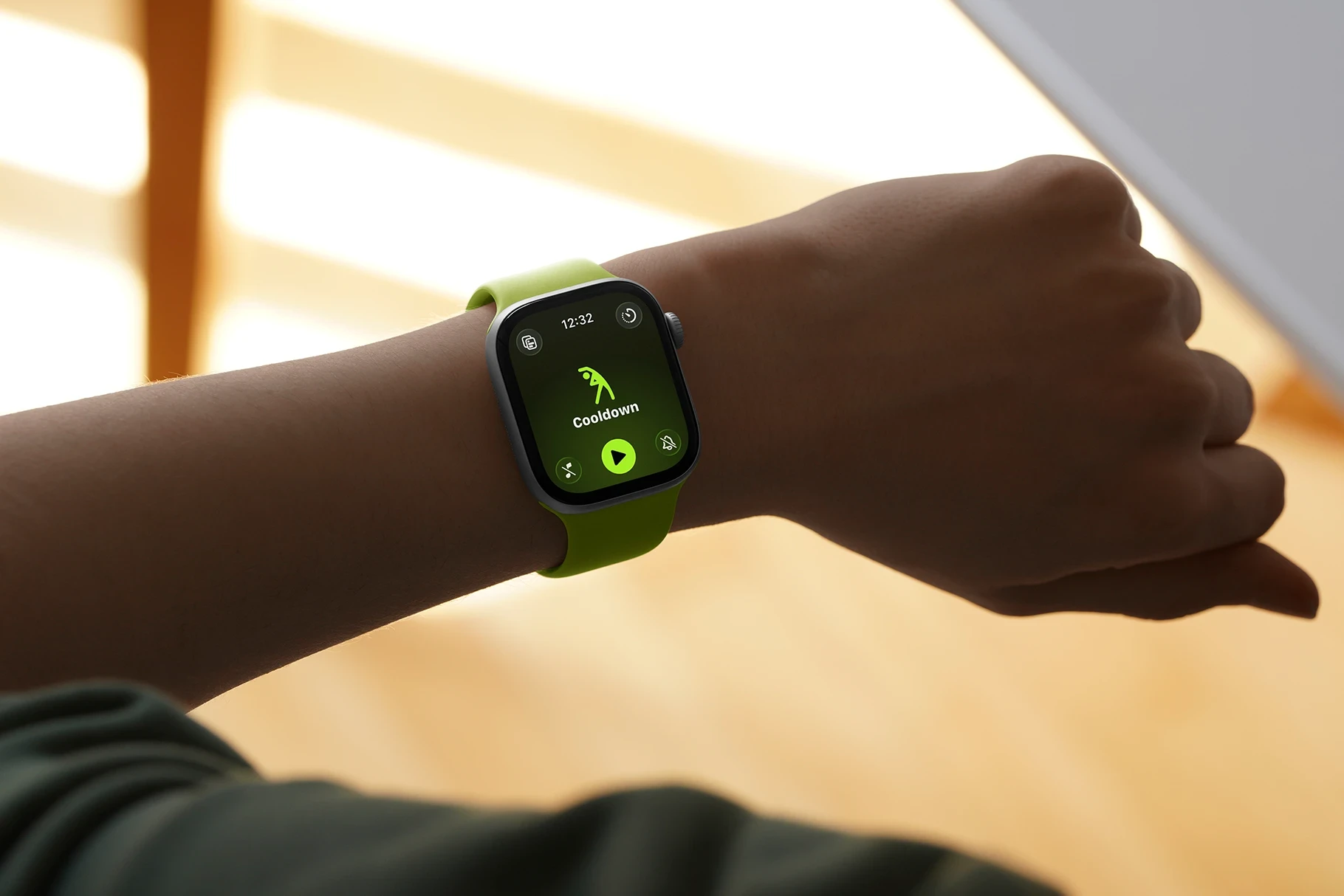 Apple Watch Series 11 lifestyle mockup displaying a fitness tracking app on a realistic wrist with natural lighting.
