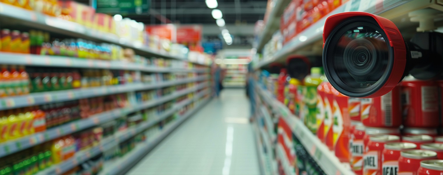 A grocery store associate uses a tablet to monitor retail inventory shrinkage.